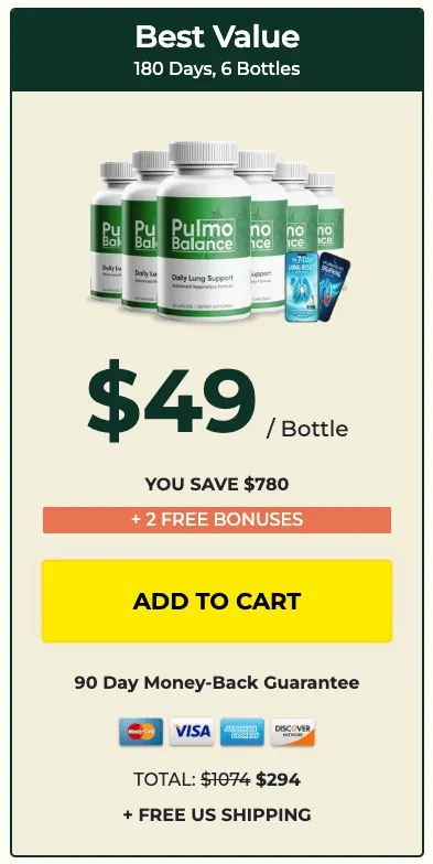 Pulmo Balance best value pack, 6 bottles, 180 day supply, $49 per bottle with 2 free bonuses