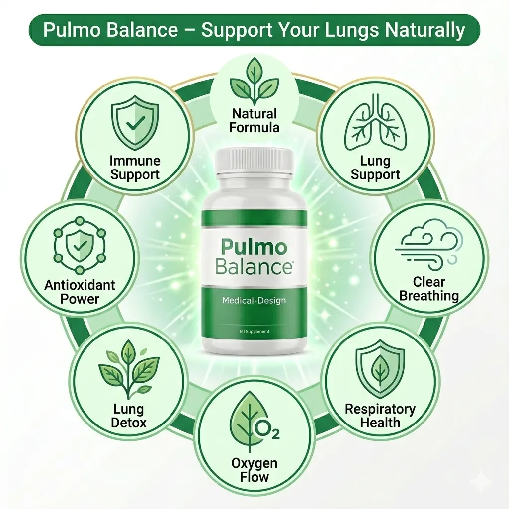 Pulmo Balance benefits diagram, lung support, immune support, oxygen flow, antioxidant power