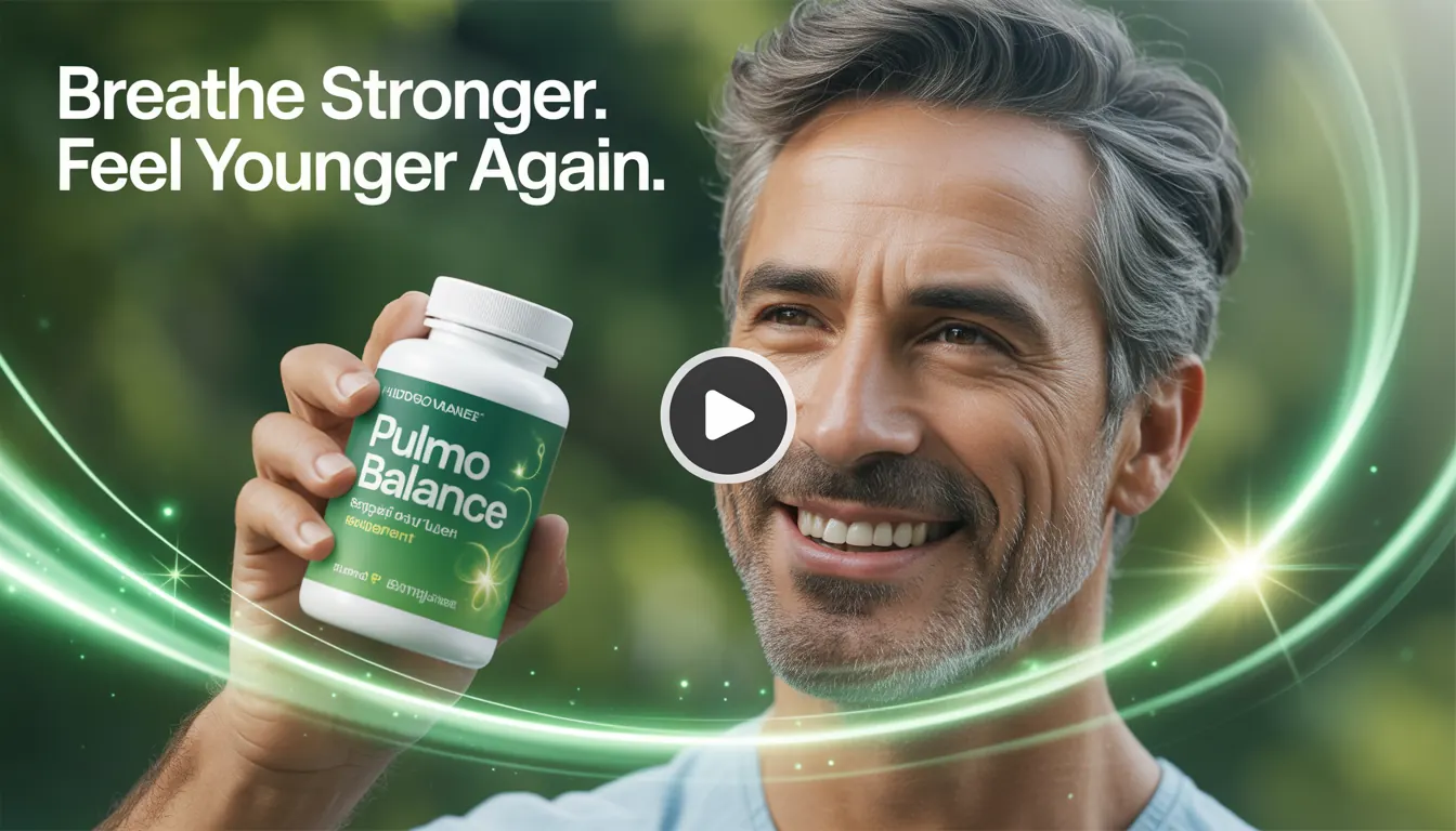 Man holding Pulmo Balance bottle, breathe stronger feel younger